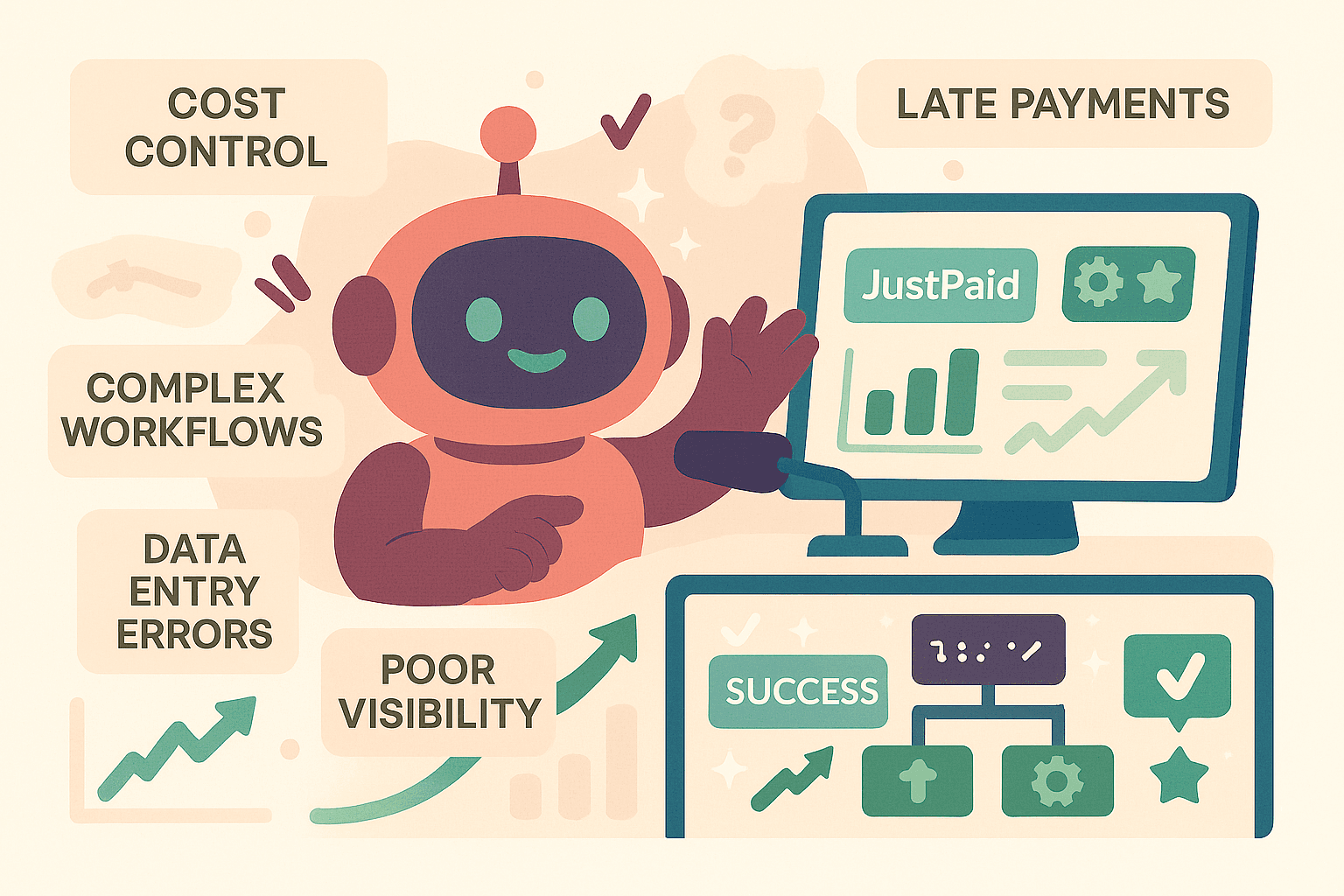 AI robot with coral body presenting common invoicing problems including cost control, late payments, complex workflows, data entry errors, and poor visibility, with JustPaid dashboard showing success metrics and solutions