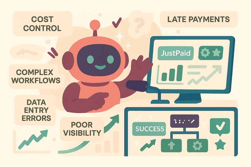 AI robot with coral body presenting common invoicing problems including cost control, late payments, complex workflows, data entry errors, and poor visibility, with JustPaid dashboard showing success metrics and solutions