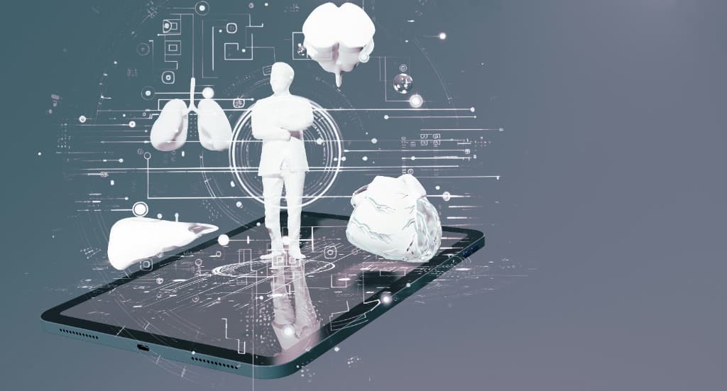 Futuristic digital illustration of a tablet with a 3D professional figure and medical organ icons emerging from the screen, on a dark HUD-style tech background.