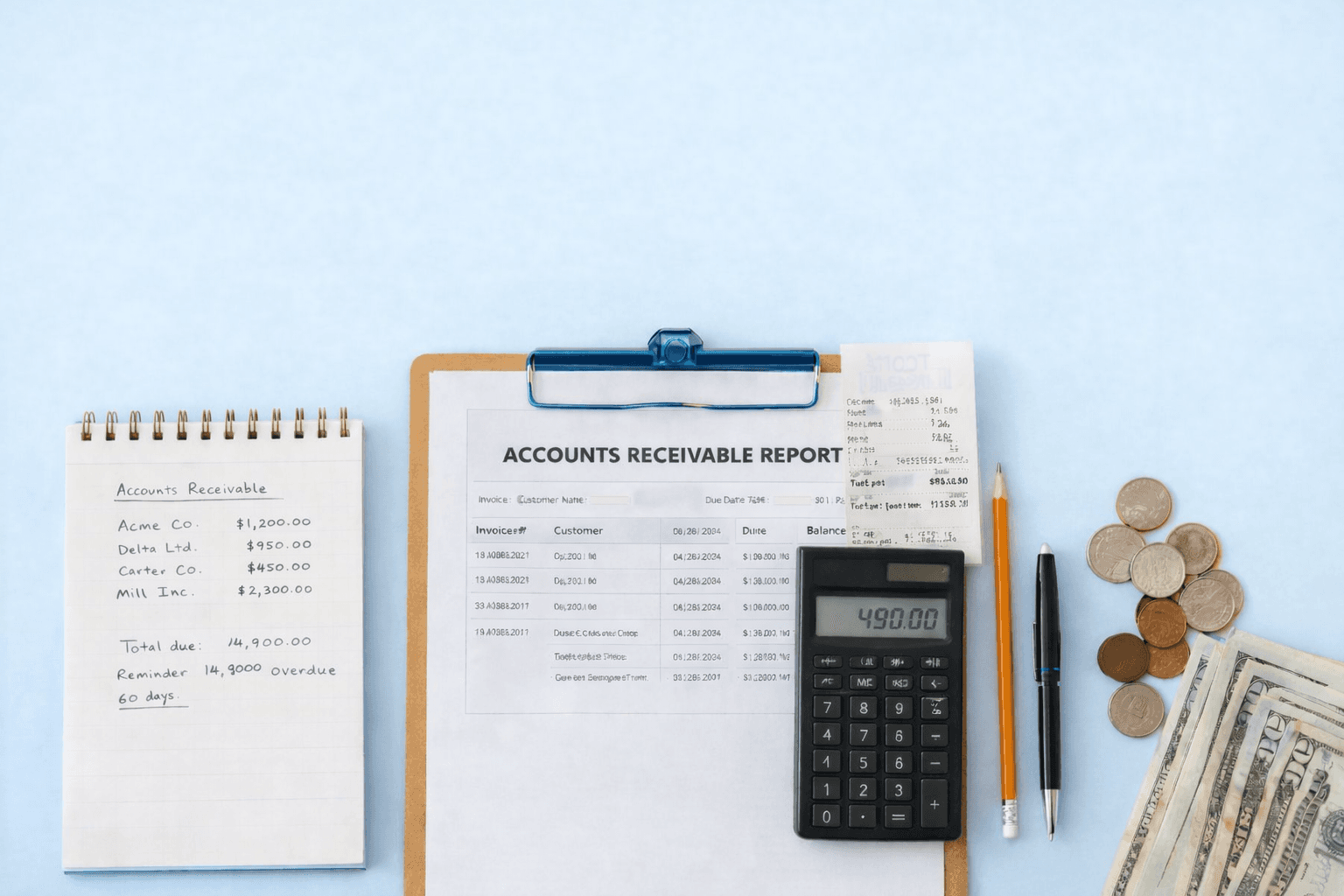 Flat lay of accounts receivable documents, calculator, and cash on a light blue background