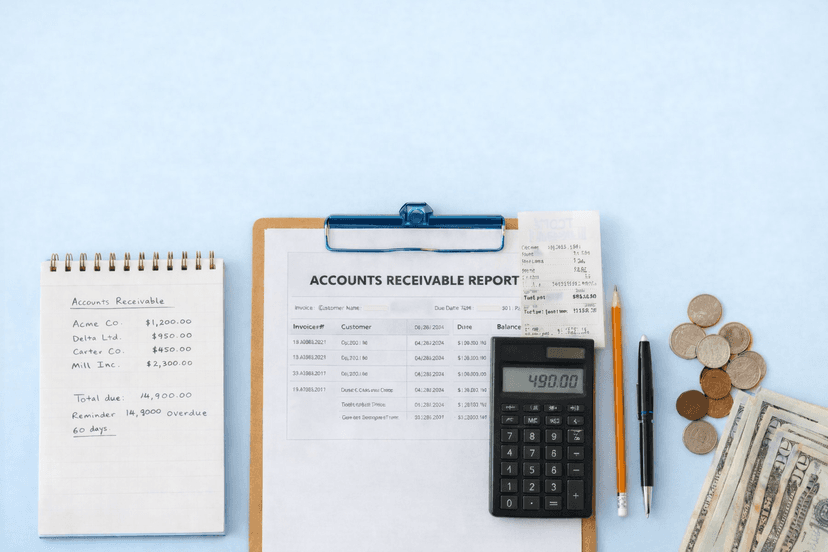 Flat lay of accounts receivable documents, calculator, and cash on a light blue background