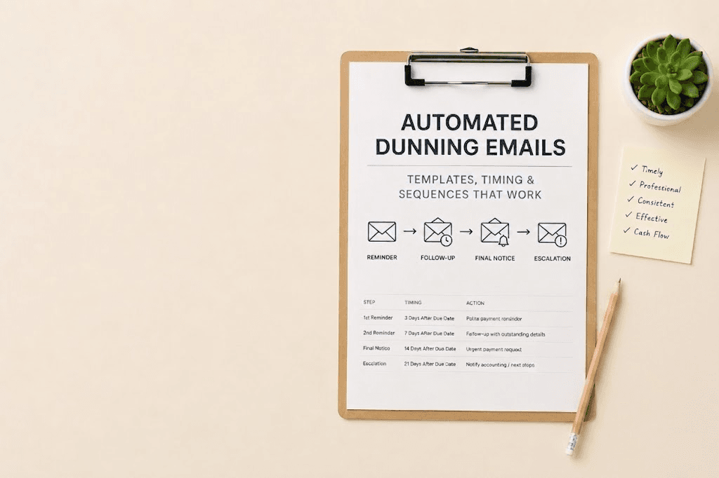 A brown clipboard on a light cream background with a printed document.