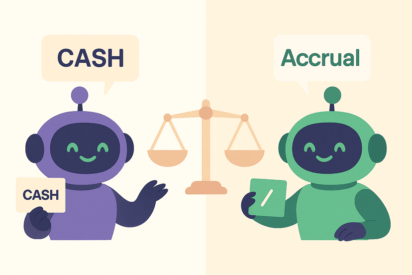 AI robots representing cash and accrual accounting methods with a balance scale, illustrating the comparison between different financial approaches