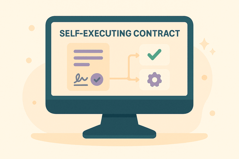 Self-executing contract interface on a computer monitor showing automated contract management with signature verification, checkmarks, and workflow automation icons