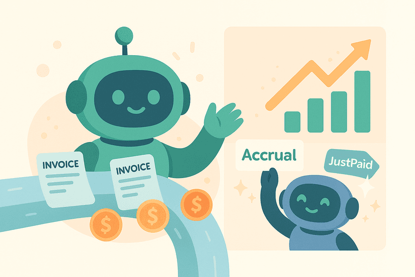 AI robots managing invoices and financial growth with JustPaid branding, showing accrual accounting processes, revenue charts, and automated invoice processing with dollar symbols