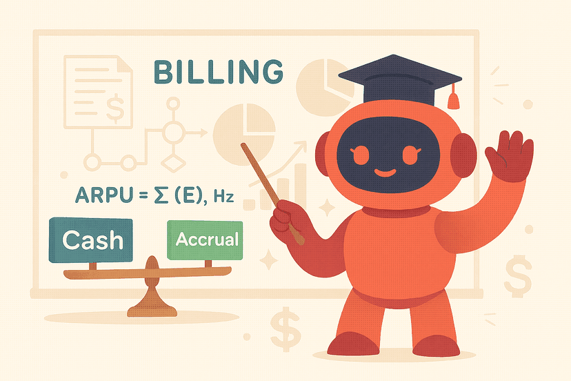 AI robot teacher with graduation cap presenting enterprise billing concepts including ARPU formula, cash vs accrual accounting, and billing workflows with educational charts and financial documents