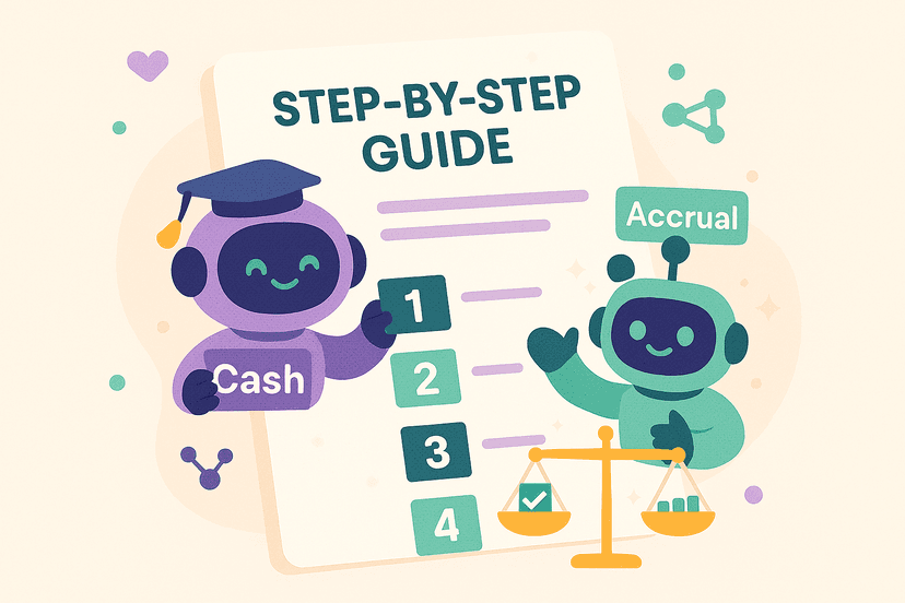 Step-by-step guide illustration with friendly AI robots representing cash and accrual accounting methods, featuring numbered steps, graduation cap, balance scale, and educational elements for JustPaid onboarding