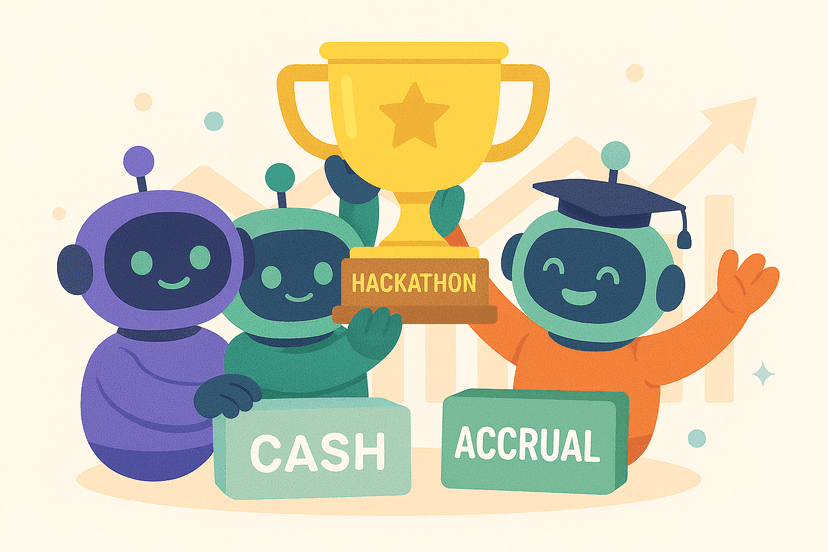 Hackathon celebration with AI robots holding trophy, featuring cash and accrual accounting blocks, graduation cap, and developer success elements representing innovation and opportunity