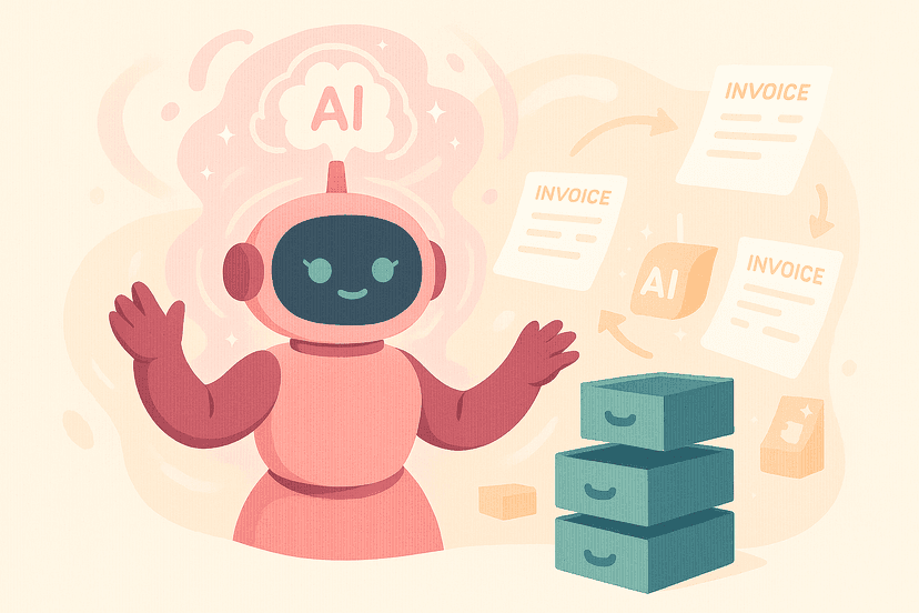 Friendly AI robot with pink body and AI brain cloud, surrounded by floating invoices and organized billing boxes, representing intelligent automation for smarter billing and revenue collection processes