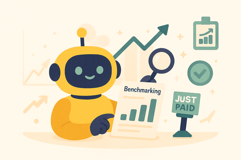 Friendly AI robot with yellow body analyzing financial benchmarking data, surrounded by growth charts, magnifying glass, checkmarks, and JustPaid branding representing financial performance analysis and strategic insights