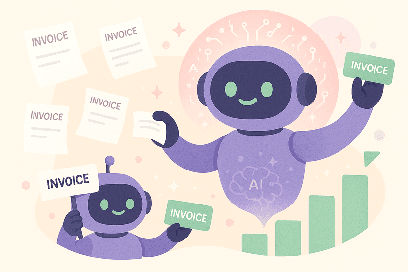 Friendly AI robots with purple bodies and AI brain patterns, surrounded by floating invoices and growth charts, representing artificial intelligence transformation of accounts receivable processes and financial automation