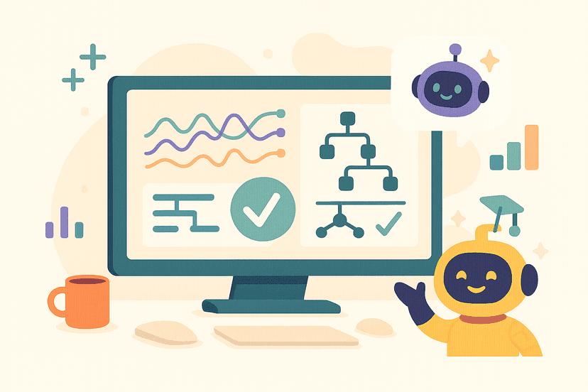 AI robots analyzing real-time business analytics on computer screen with charts, graphs, organizational diagrams, and data visualizations, representing intelligent business decision-making and data-driven insights