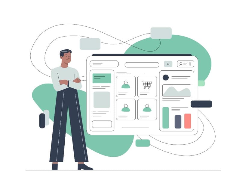 Flat illustration of a professional next to a dashboard with customer profiles, shopping cart, and analytics charts — integrated CRM and billing data