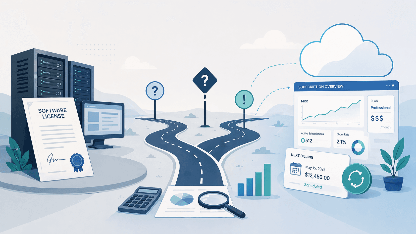 Illustration of the shift from a paper software license and on-premise servers to a cloud SaaS subscription dashboard, with a forked road and question marks representing accounting choices.
