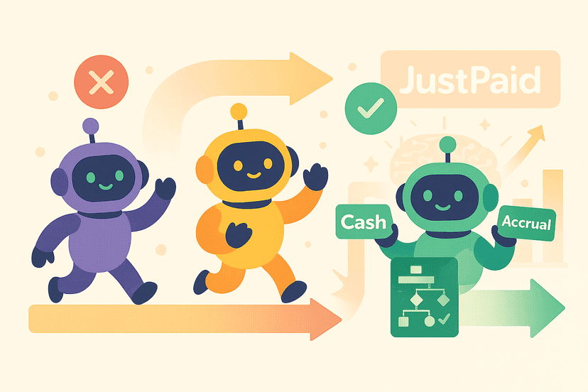 Three friendly AI robots representing the evolution from manual processes to automated invoicing - purple robot with X symbol (manual errors), orange robot waving (transition), and green robot holding Cash and Accrual signs with JustPaid branding, showing the transformation to efficient automated B2B payments