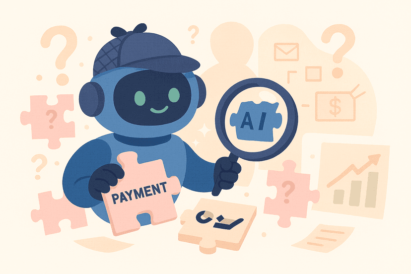 Detective AI robot with blue body and deerstalker hat investigating payment puzzle pieces, holding magnifying glass with AI symbol, surrounded by question marks and payment-related icons representing payment terms analysis